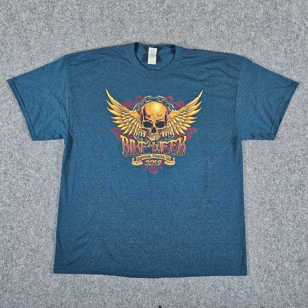 Gildan Bike Week‎ Daytona Beach 2019 Skull Graphic T-Shirt Blue Men's 2XL Y2K